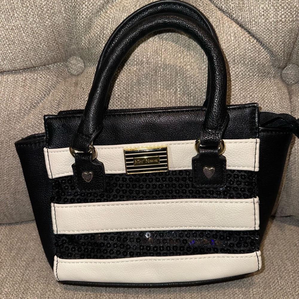 NWOT Betsey Johnson Women's Mini Black & White Stripe Sequin Handbag Purse